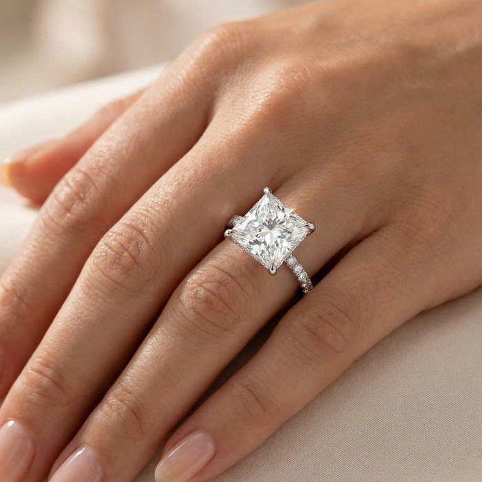 Certified 4 1/3Ct Princess Cut Hidden Halo Engagement Ring 14k Gold/Pt Lab Grown