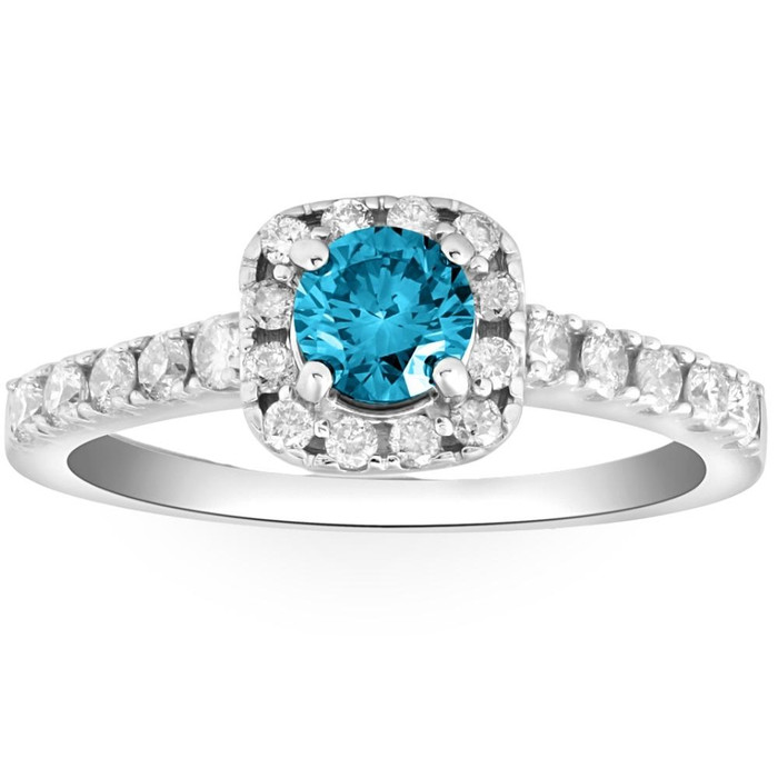 1Ct Blue Diamond Cushion Halo Engagement Ring in 14k White Gold