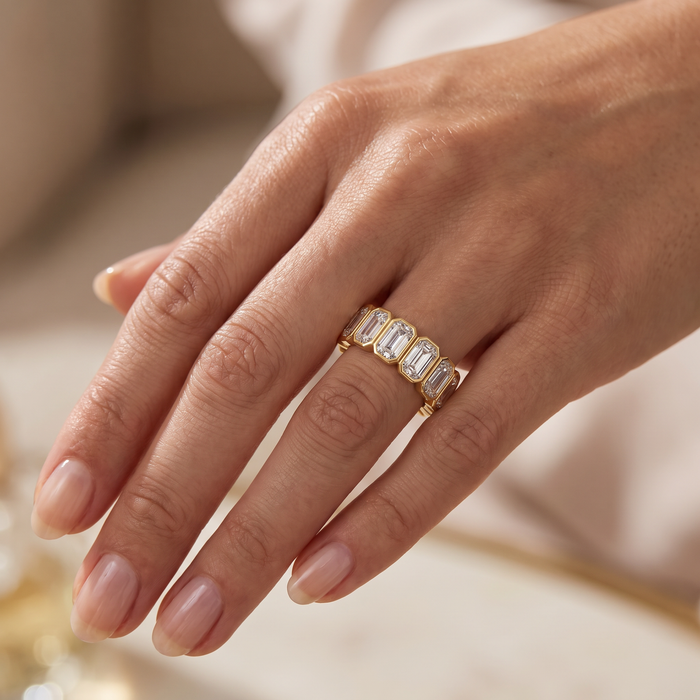 5Ct Emerald Cut Bezel Eternity Wedding Ring 14k Gold Lab Grown