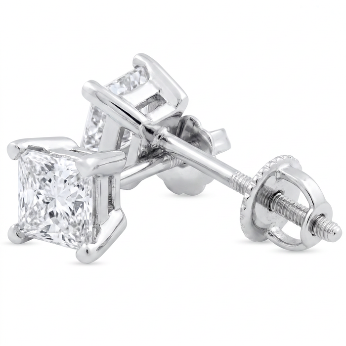 1Ct TW Princess Cut Natural Diamond Studs 14k Gold