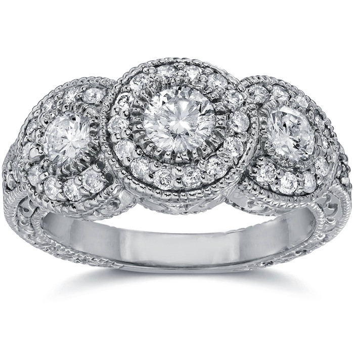 1 1/2ct Vintage Three Stone Lab Created Diamond Engagement Ring 14K White Gold