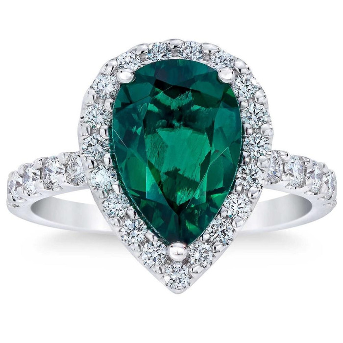 5Ct Pear Shape Emerald & Diamond Halo Ring | 10k White Gold