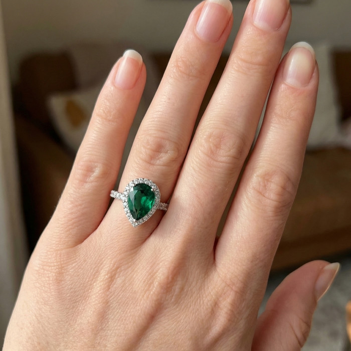 5Ct Pear Shape Emerald & Lab Grown Diamond Halo Ring in 10k White Gold