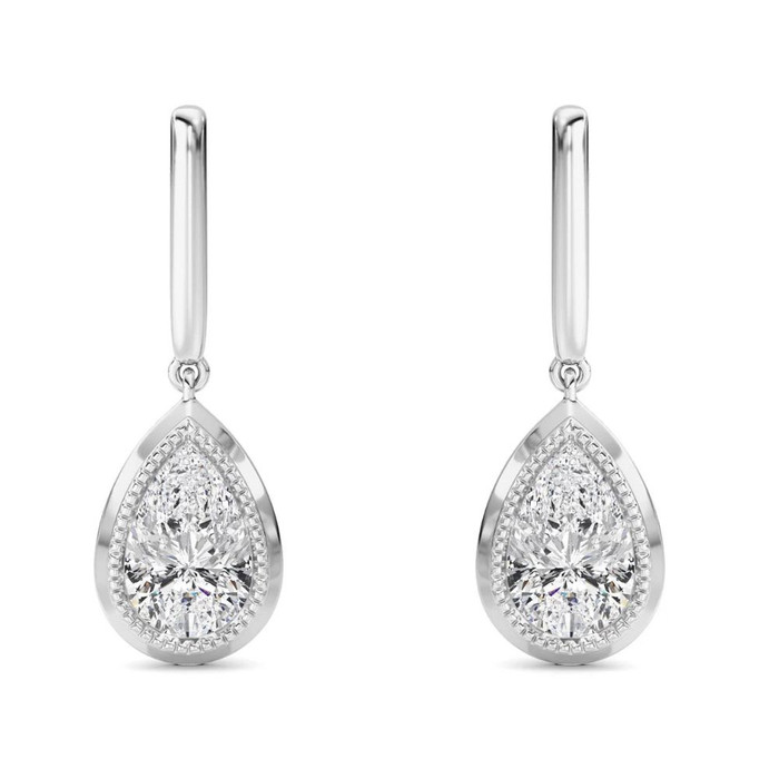 2Ct TW Bezel Solitaire Pear Dangle Earrings Gold Lab Grown 3/4" Tall