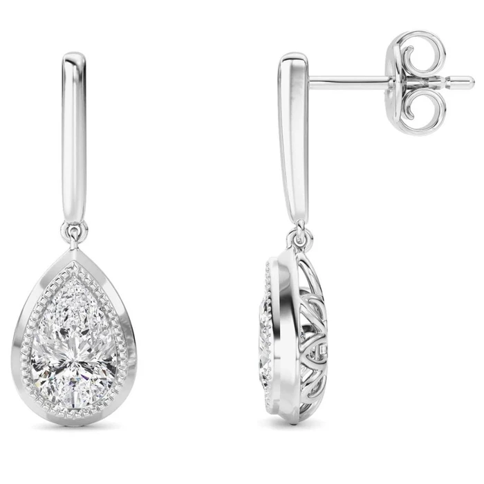 2Ct TW Bezel Solitaire Pear Dangle Earrings Gold Lab Grown 3/4" Tall