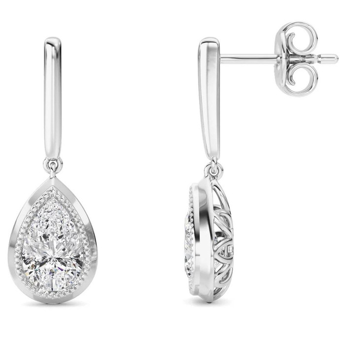 2Ct TW Bezel Solitaire Pear Dangle Earrings Gold Lab Grown 3/4" Tall