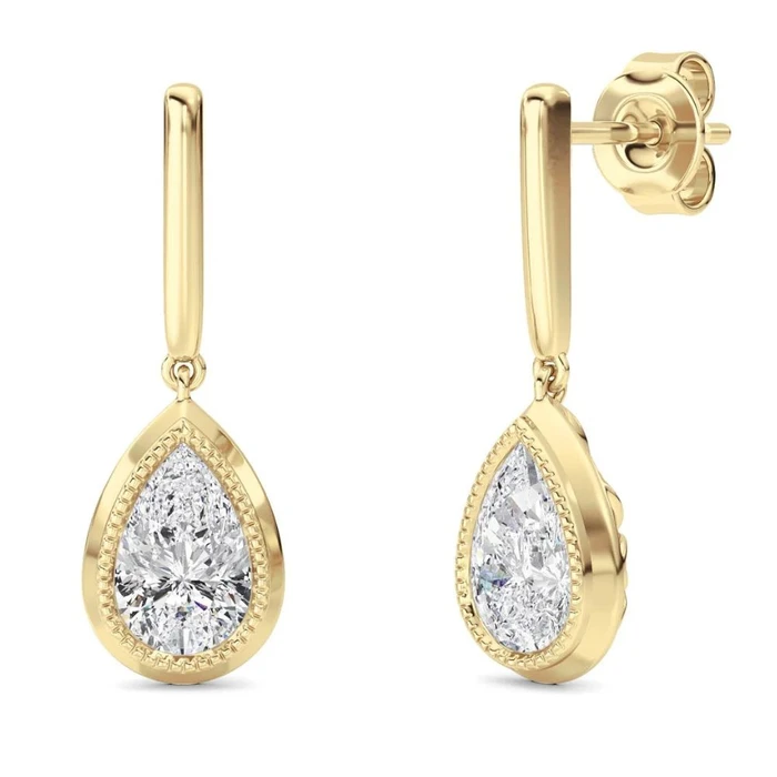 2Ct TW Bezel Solitaire Pear Dangle Earrings Gold Lab Grown 3/4" Tall