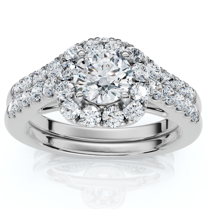 1 1/10Ct TDW Cushion Halo Engagement Wedding Ring Set 14k White Gold Lab Grown 1 1/10Ct TDW Cushion Halo Engagement Wedding Ring Set 14k White Gold Lab Grown