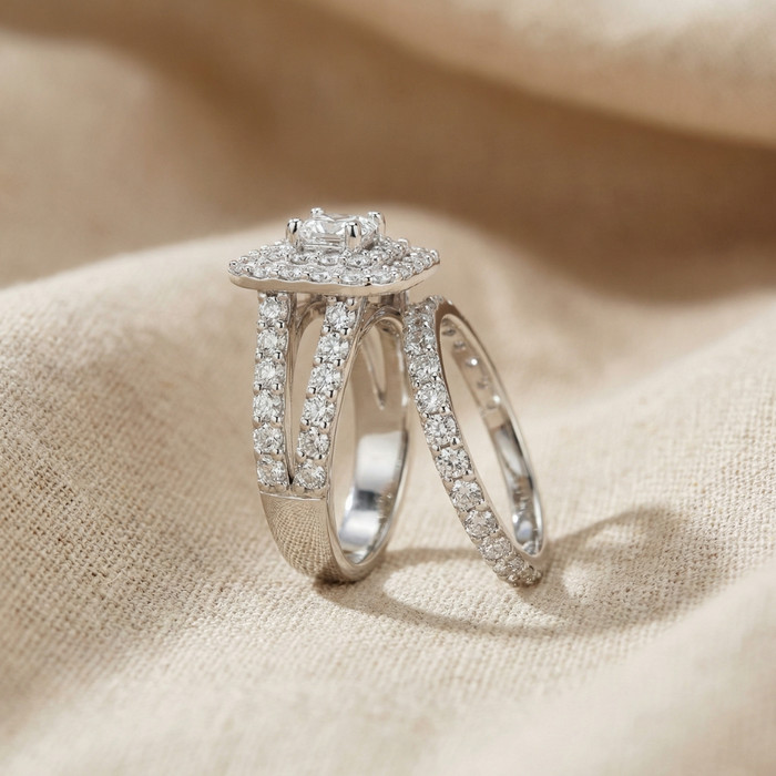 2 Ct TW Diamond Engagement Cushion Halo Engagement Ring Set White Gold Lab Grown