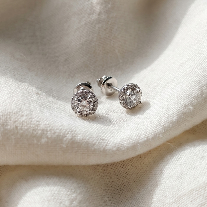 1/2 Ct Halo Diamond Studs With Screw Backs White Gold Lab Grown