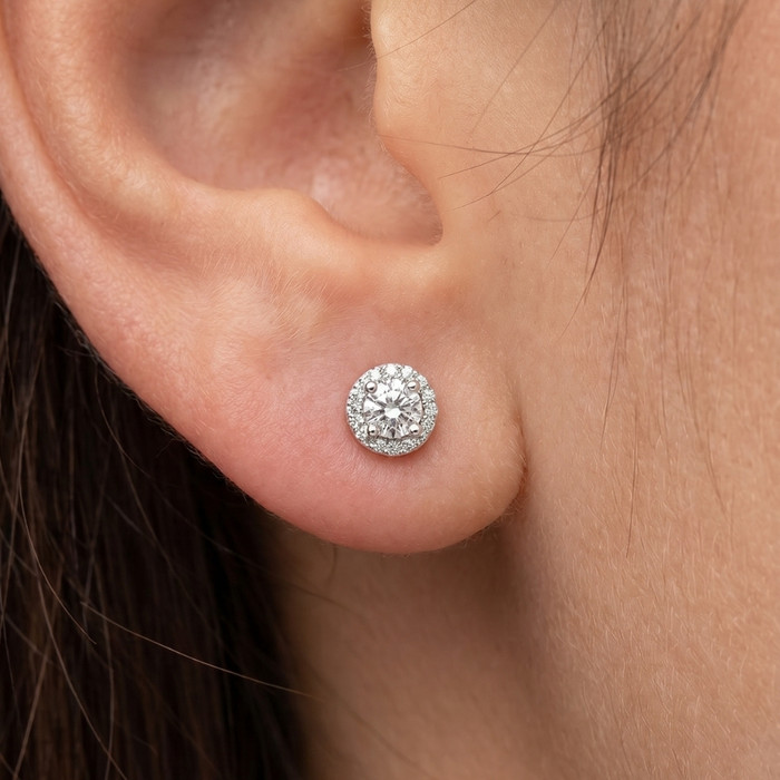 1/2 Ct Halo Diamond Studs With Screw Backs White Gold Lab Grown