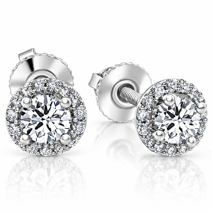 1/2 Ct Halo Diamond Studs With Screw Backs White Gold Lab Grown