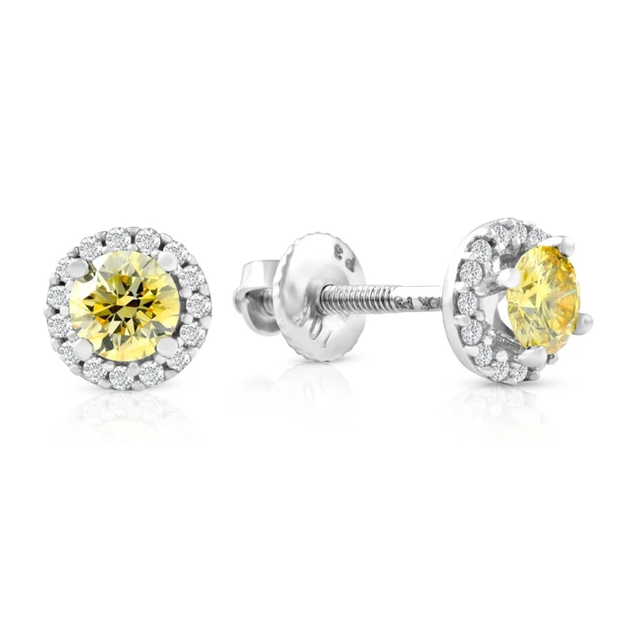 1/2 Ct Halo Fancy Canary Yellow Lab Grown Diamond Studs 10k White Gold Earrings