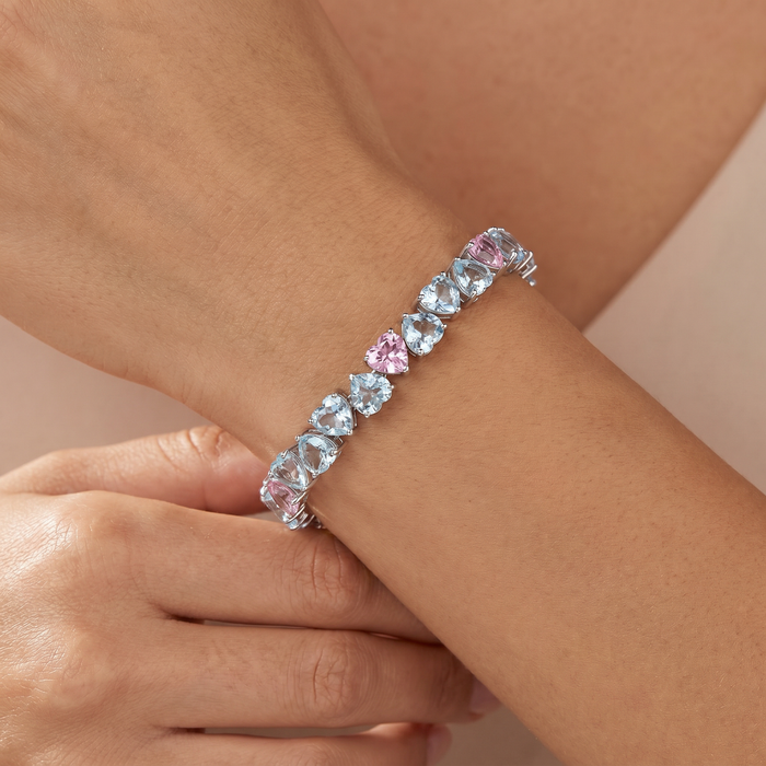 34.43Ct Heart Shape Pink & Blue Topaz Tennis Bracelet 14k White Gold 23.51grams
