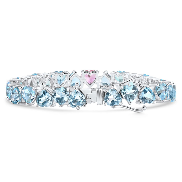 34.43Ct Heart Shape Pink & Blue Topaz Tennis Bracelet 14k White Gold 23.51grams