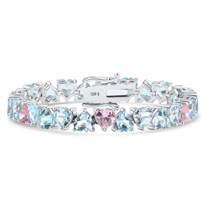 34.43Ct Heart Shape Pink & Blue Topaz Tennis Bracelet 14k White Gold 23.51grams
