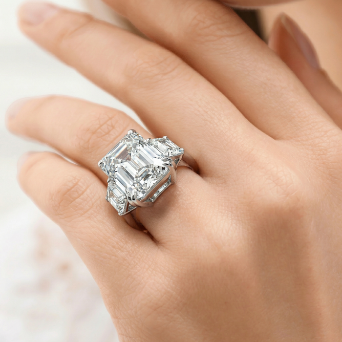 Certified 12Ct Emerald Cut Three Stone Diamond Engagement Ring Lab Grown