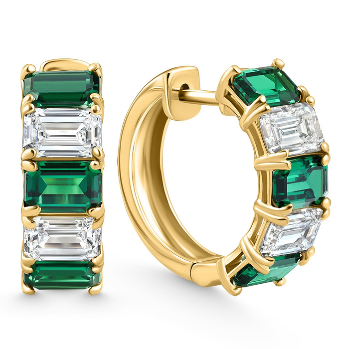 6Ct Emerald & Diamond Hoops 14k Yellow Gold Lab Grown 3/4" Tall