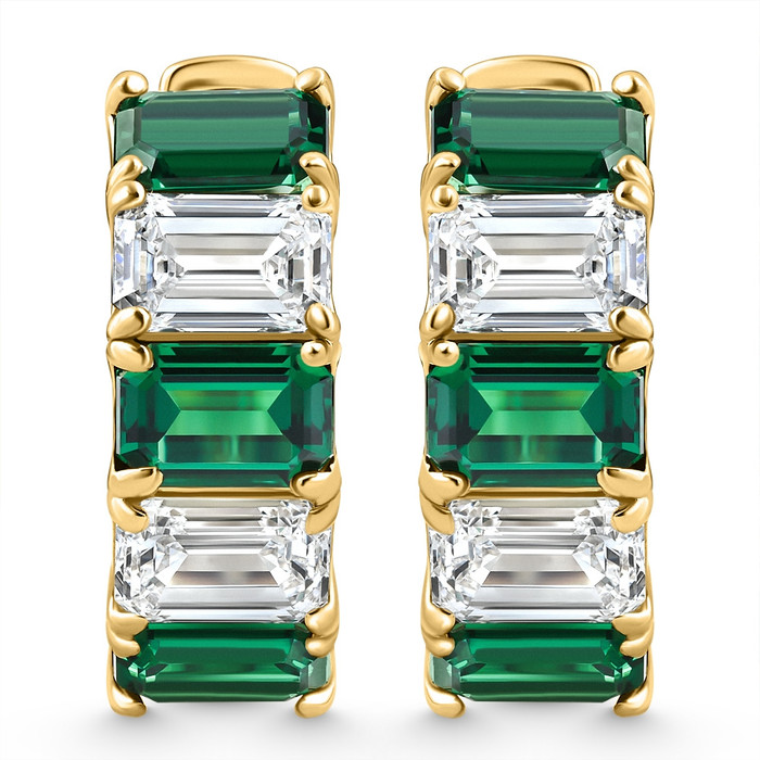 6Ct Emerald & Diamond Hoops 14k Yellow Gold Lab Grown 3/4" Tall