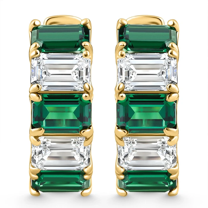 6Ct Emerald & Diamond Hoops 14k Yellow Gold Lab Grown 3/4" Tall