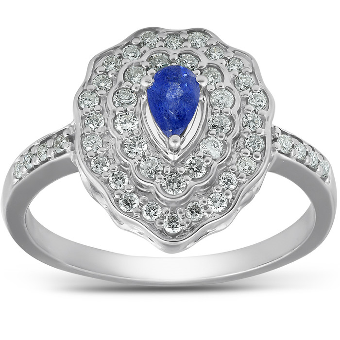 3/4 Ct Pear Shape Blue Sapphire & Diamond Halo Vintage Fashion Ring