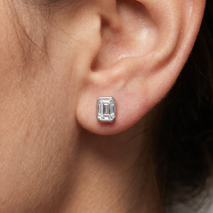 2Ct TW Emerald Cut Bezel Diamond Studs 14k Gold Lab Grown Earrings