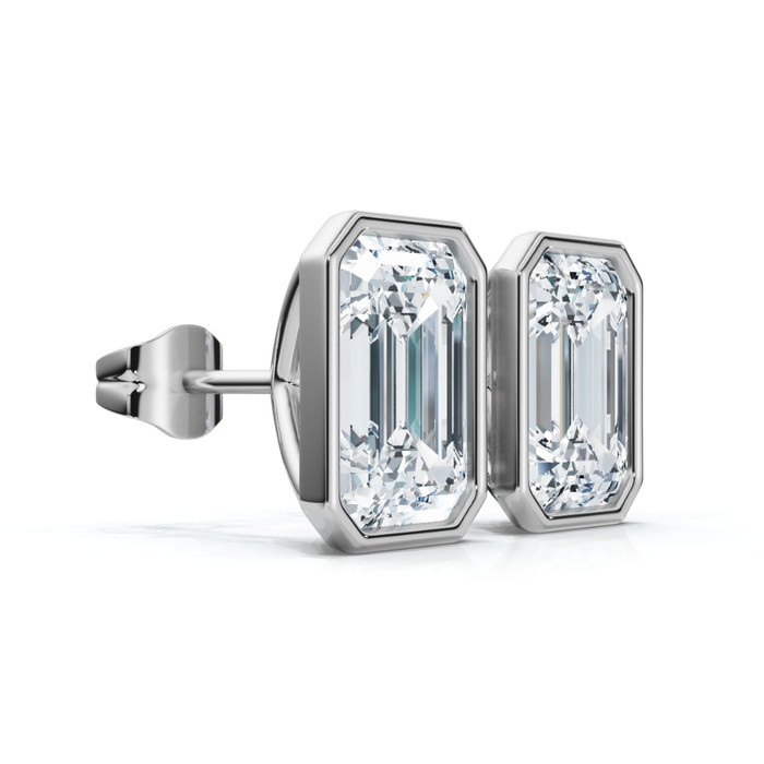 2Ct TW Emerald Cut Bezel Diamond Studs 14k Gold Lab Grown Earrings