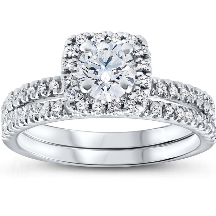 5/8 Ct Lab Grown Diamond Cushion Halo Engagement Wedding Ring Set White Gold EX3