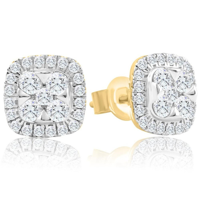 1Ct T.W. Pave Diamond Cushion Halo Studs 10k Yellow Gold Lab Grown Earrings