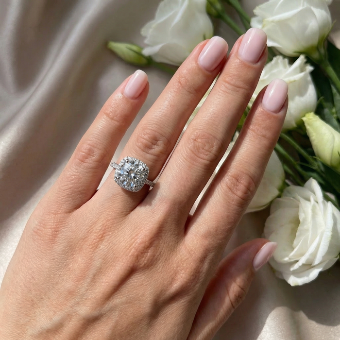 Certified 3 1/2Ct Cushion Halo Diamond Engagement Ring 14k Gold or Pt Lab Grown