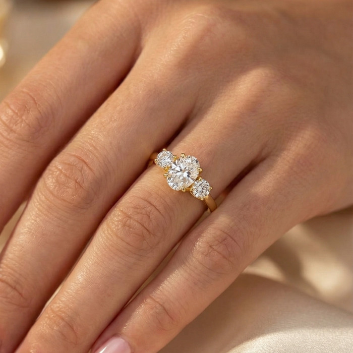 2Ct TWW Oval Lab Grown 3-Stone Diamond Engagement Ring in White or Yellow Gold