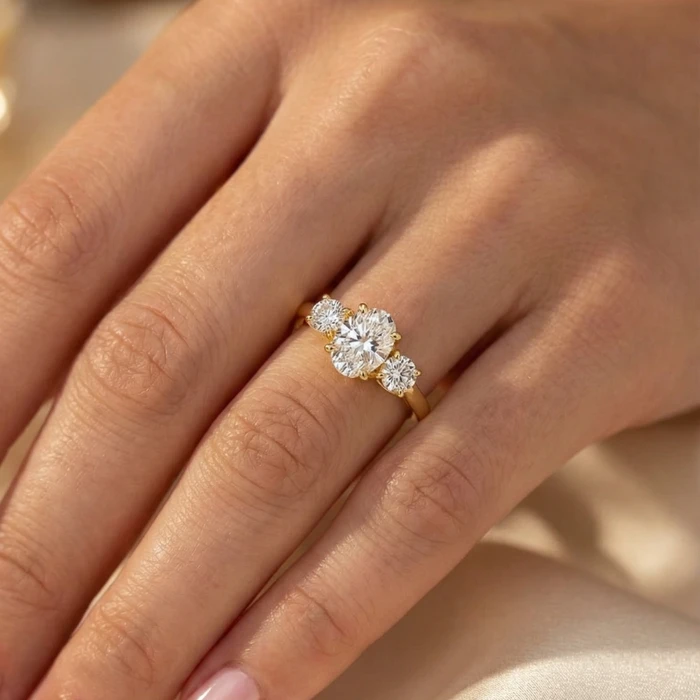 2Ct TWW Oval Lab Grown 3-Stone Diamond Engagement Ring in White or Yellow Gold