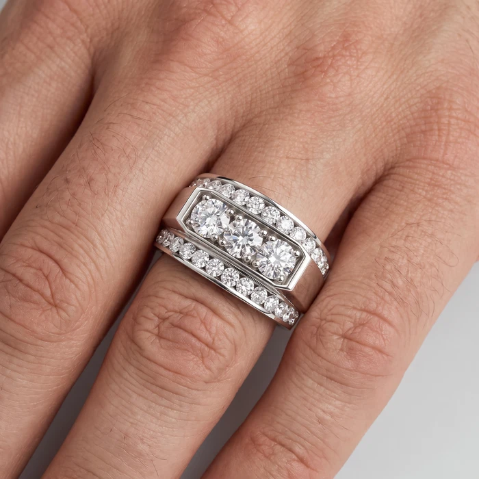 Men's 2Ct Diamond Three Stone With Accents Wedding Ring 14k Gold Lab Grown