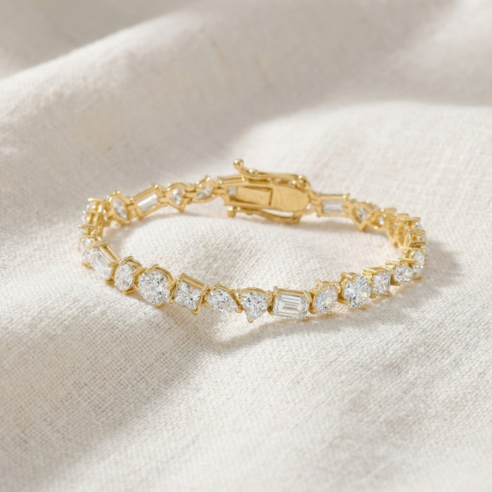 F/VS 15Ct Mixed Fancy Cut Diamond Tennis Bracelet 14k Gold Lab Grown 7"