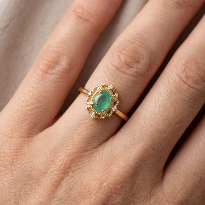 1/2Ct Oval Emerald & Lab Grown Diamond Ring 10k White Gold