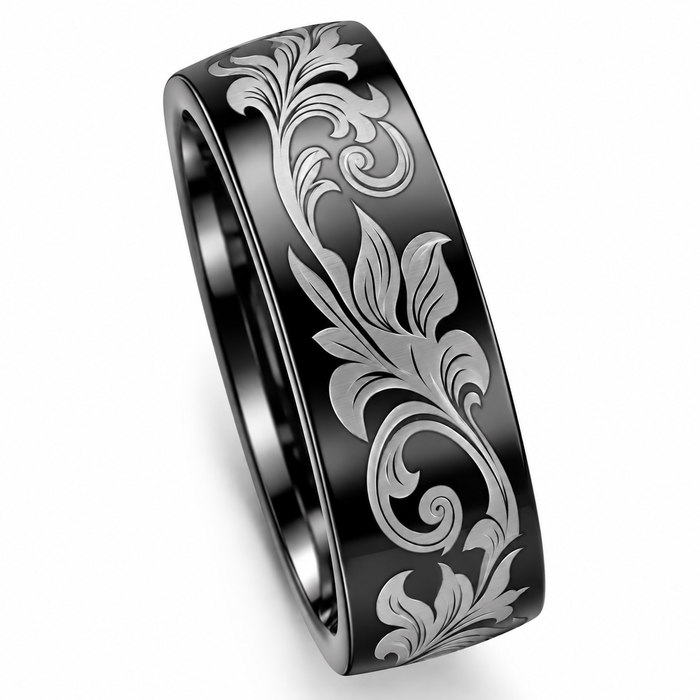 Men's Black Barrel Script Titainum Ring 7MM Comfort Fit Wedding Band