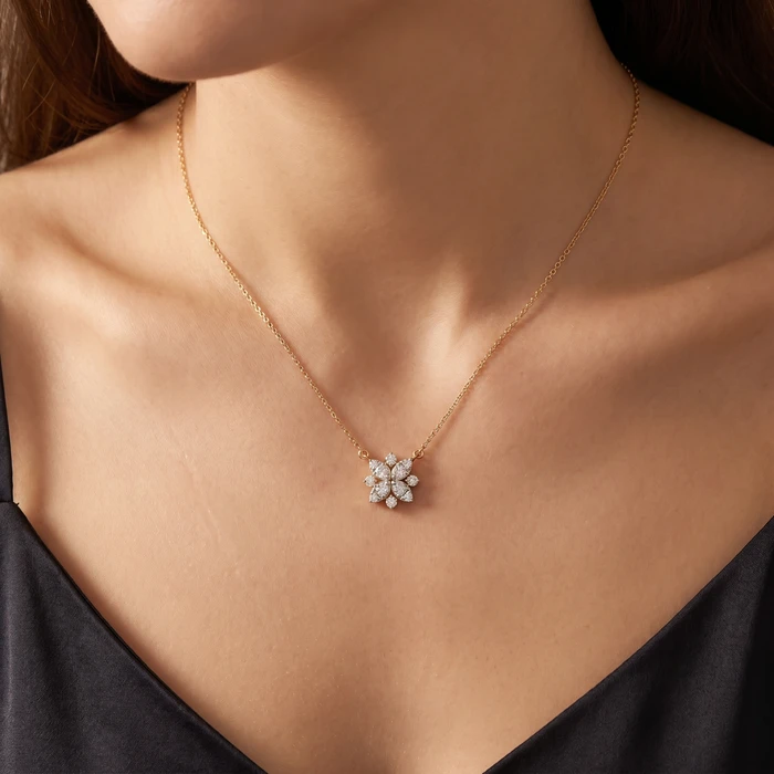 .55Ct TW Diamond Cluster Halo Round Pendant Yellow Gold Necklace Lab Grown