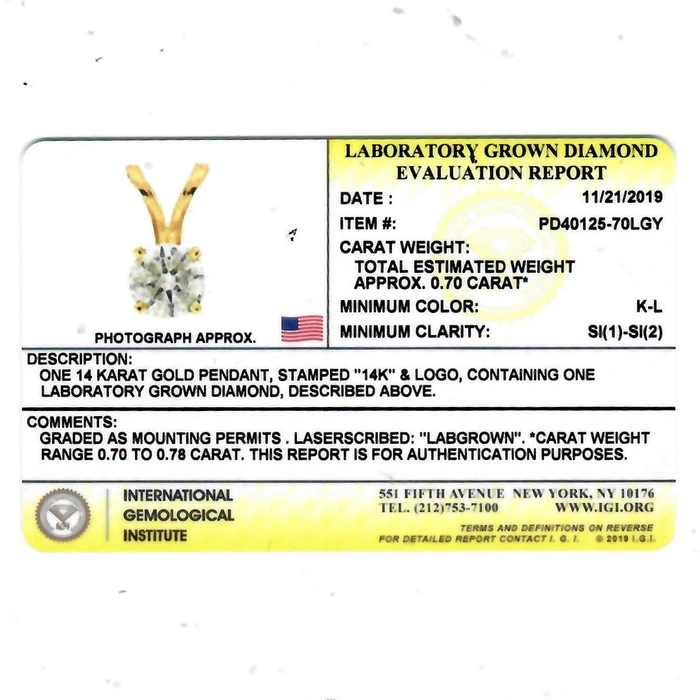 3/4 Ct Lab Grown Created Diamond Solitaire Pendant 14K Yellow Gold IGI Certified
