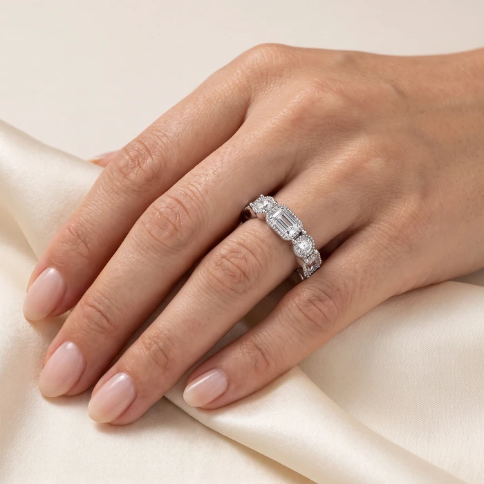 3.1Ct Round and Emerald Cut Diamond Eternity Wedding Ring 14k Gold Lab Grown