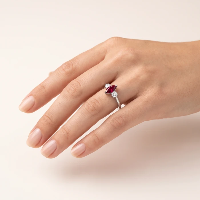 Ruby & Diamond Mable Three Stone Ring 10k Gold Lab Grown