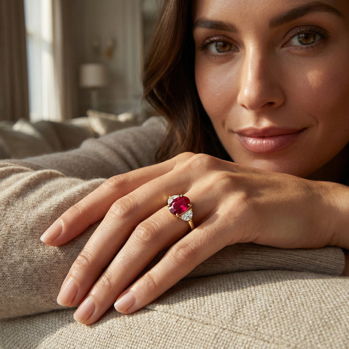 Oval Ruby & Half Moon Diamond Ring 14k Yellow Gold Lab Grown