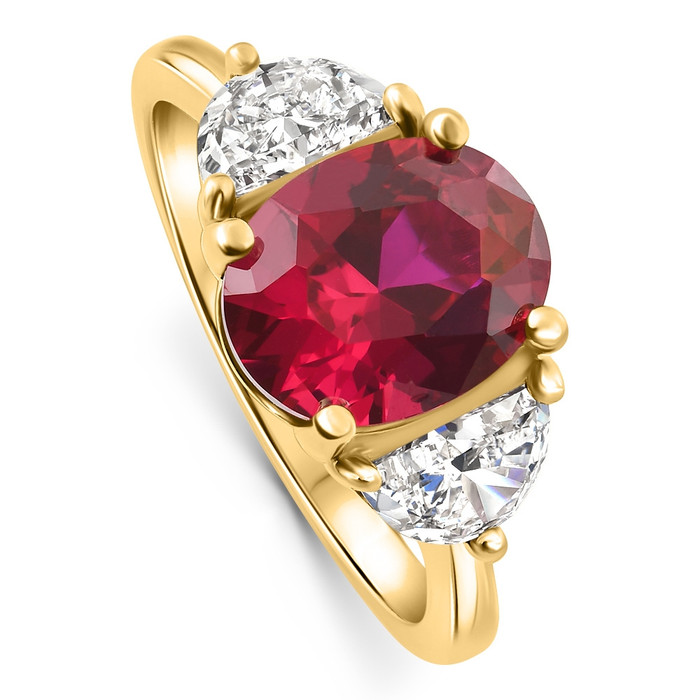 Oval Ruby & Half Moon Diamond Ring 14k Yellow Gold Lab Grown