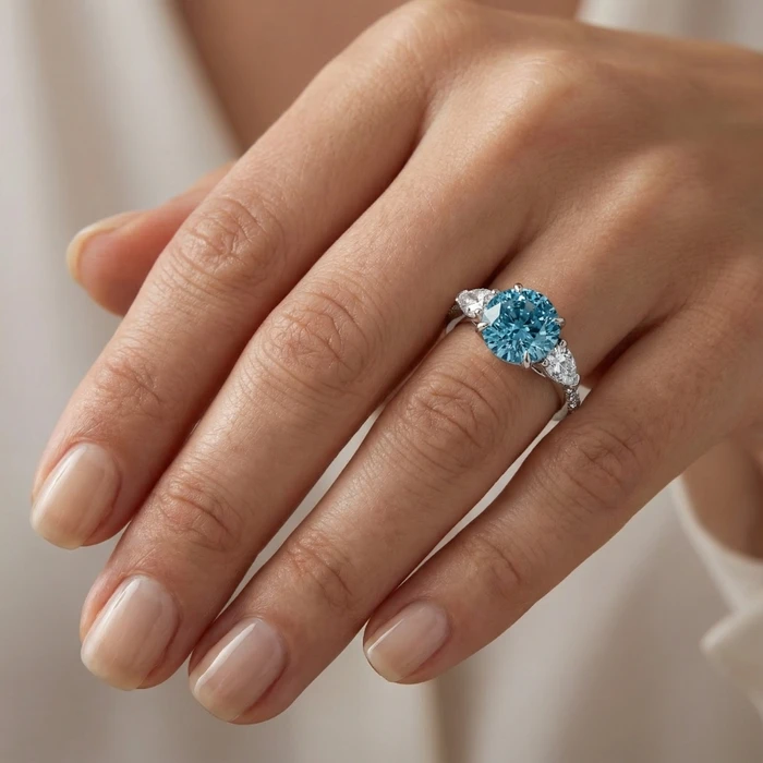 3 1/2Ct Fancy Blue Lab Grown Accent Diamond Engagement Ring 14k Gold