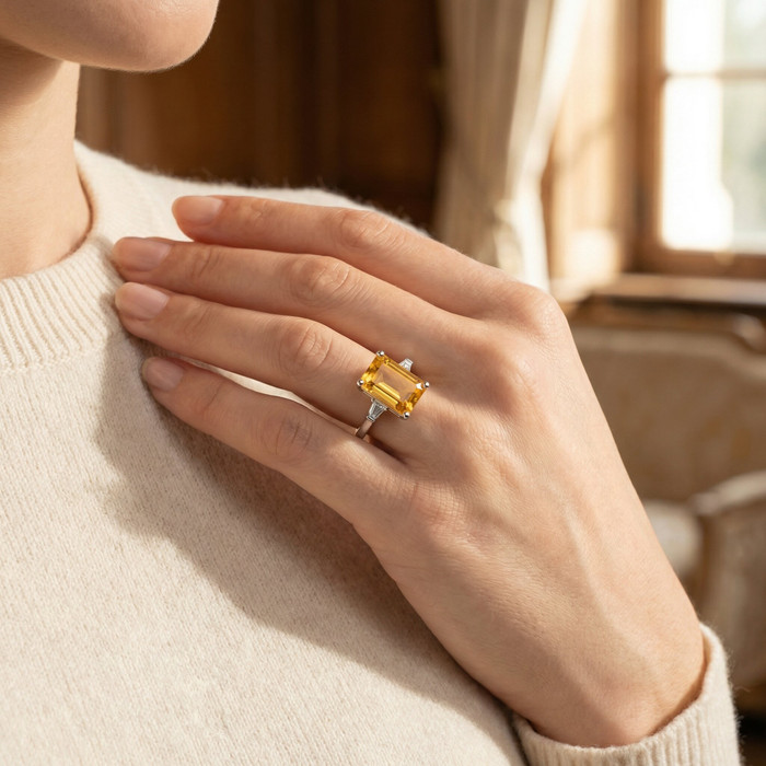 Citrine & Diamond Ring White Gold Lab Grown