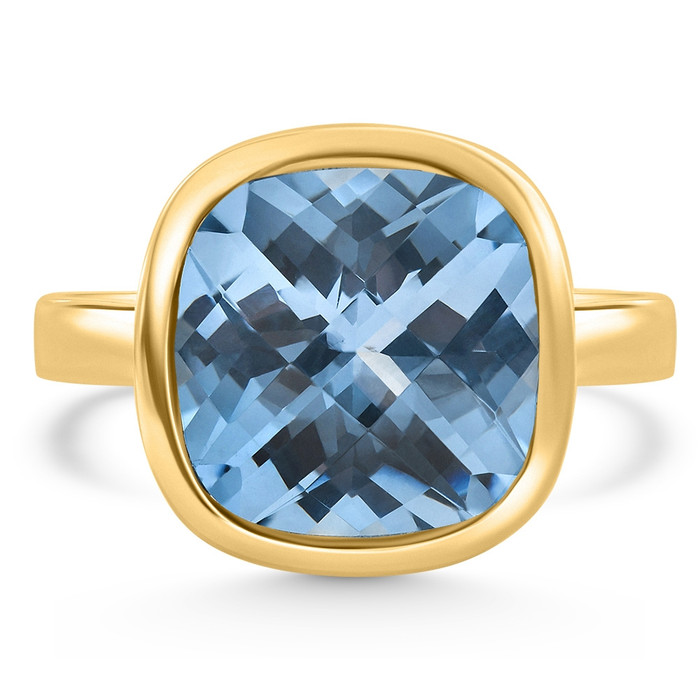 Cushion Blue Topaz Alexa Bezel Ring 14k Yellow Gold