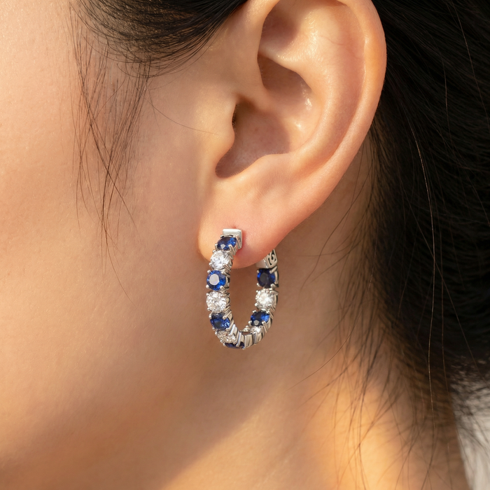 4 1/2Ct Blue Sapphire & Diamond Hoops White or Yellow Gold Lab Grown 1" Tall