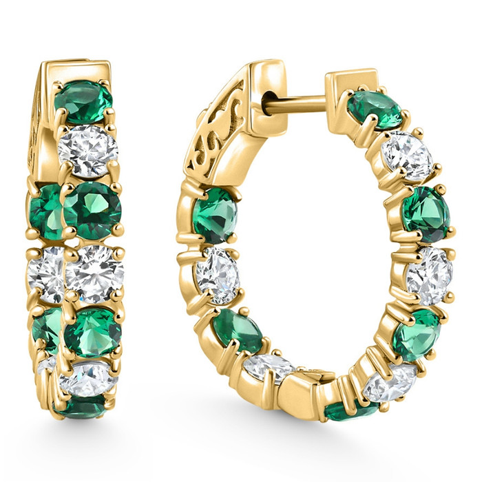 4 1/2Ct Emerald & Diamond Hoops White or Yellow Gold Lab Grown 1" Tall 4 1/2Ct Emerald & Diamond Hoops White or Yellow Gold Lab Grown 1" Tall