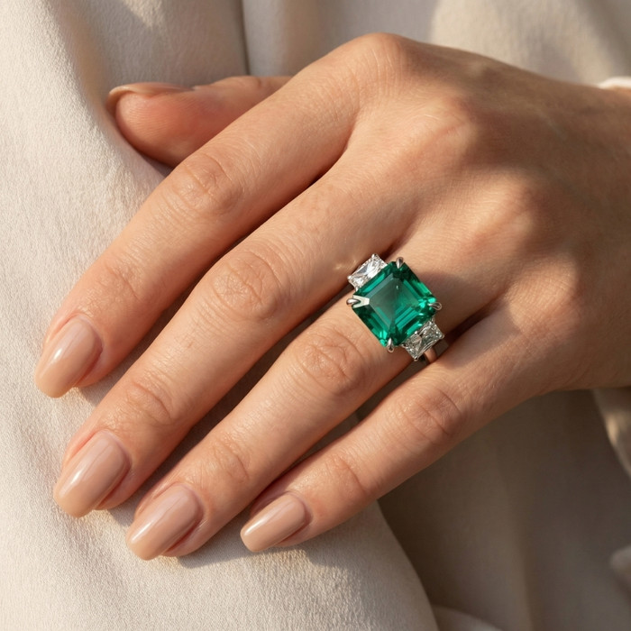 8Ct Asscher Cut Emerald & Diamond Ring 14k Gold or Platinum Lab Grown