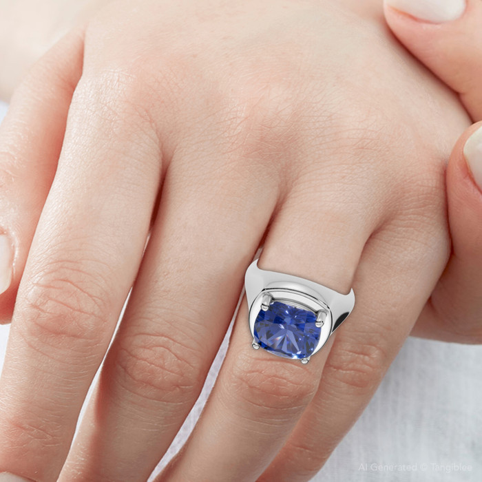 5Ct Cushion Blue Sapphire Button Ring 14k Gold lab Grown