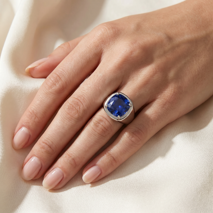 5Ct Cushion Blue Sapphire Button Ring 14k Gold lab Grown
